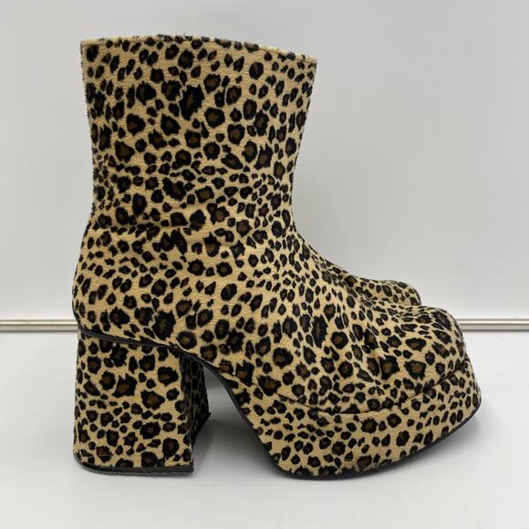 Vtg Plats Leopard Plush Platform Super Chucky Ankle Boots Size 10 Disco Funky - Picture 4 of 10